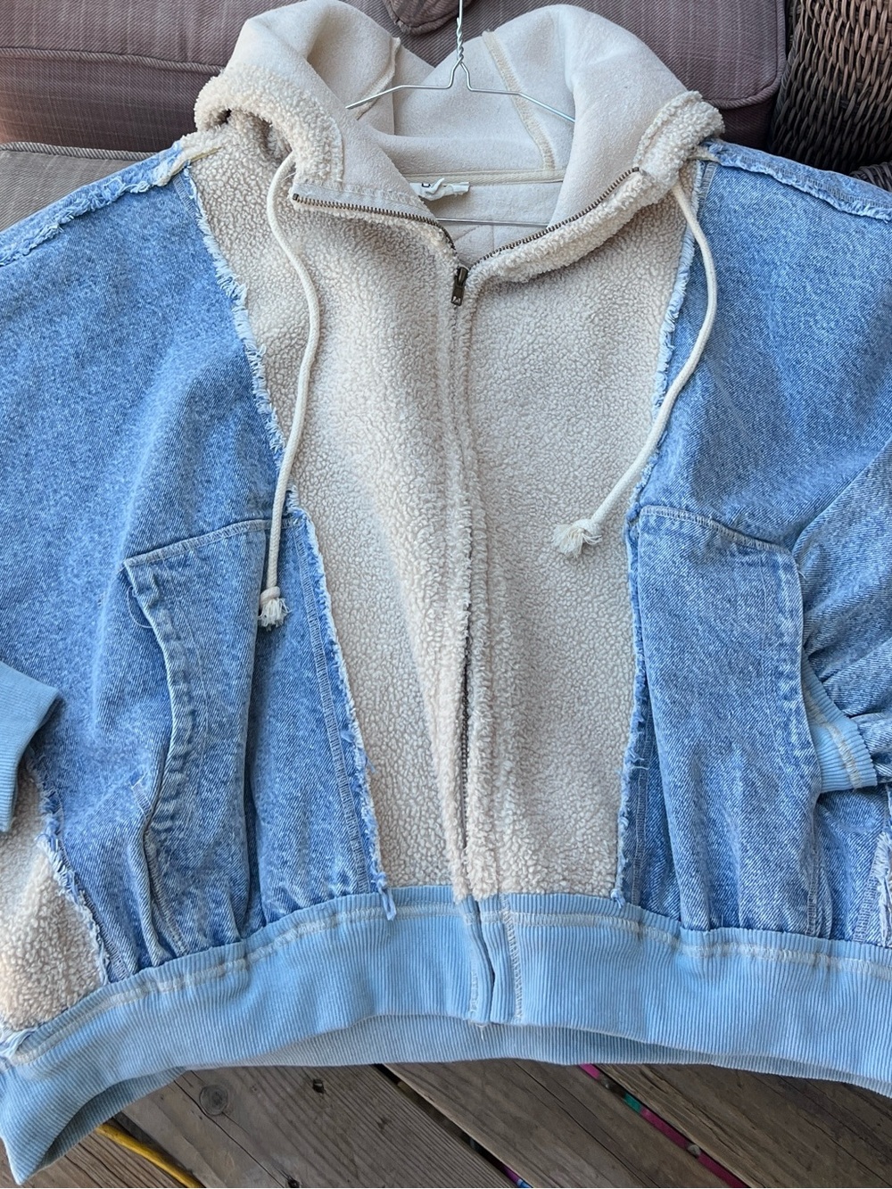 Aynsley Hooded Oversized Jean Jacket with Light Blue Denim Panels Small - Picture 2 of 4